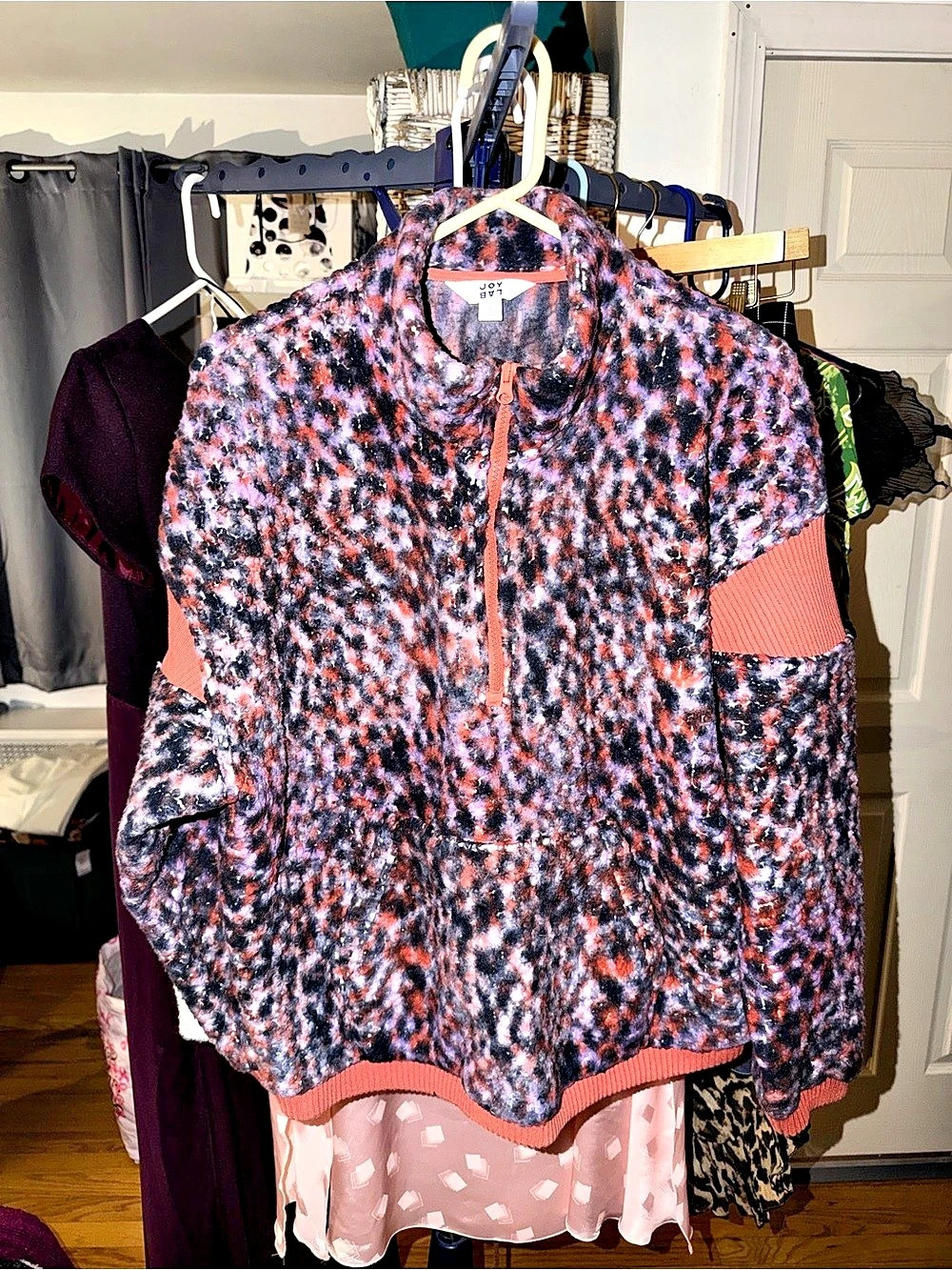 Joy Lab Fleece 1/2 Zip Purple Black Cheetah Print Orange Trim Cheetah Print